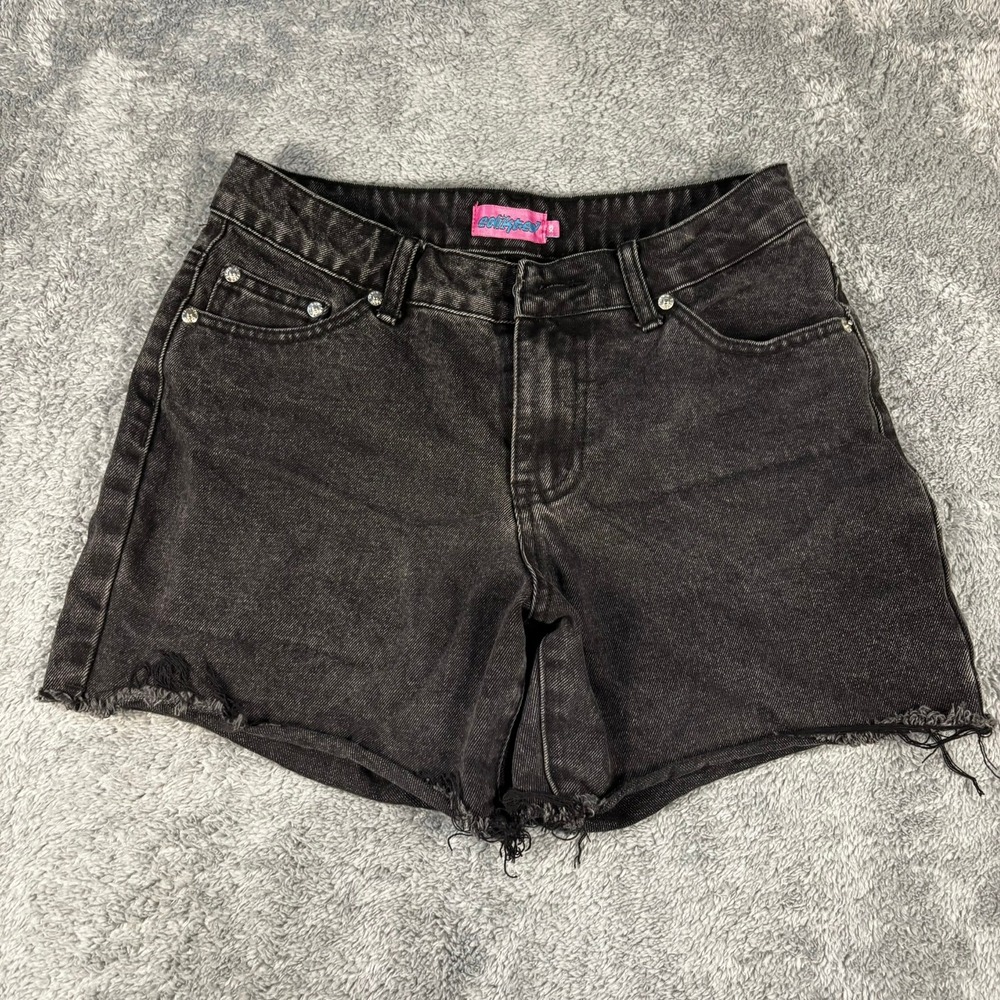 Edikted Washed Black Distressed Denim Shorts Rhinestone Rivets Raw Hem XS